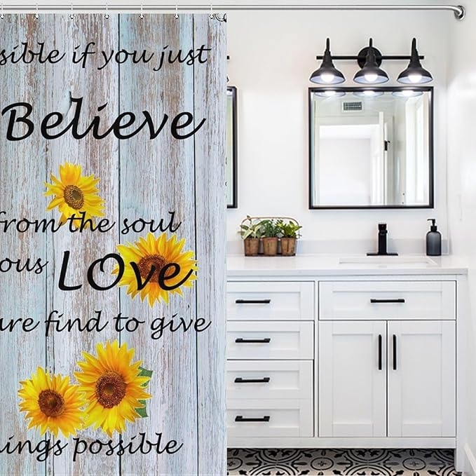 Farmhouse Sunflower Inspirational Quotes Shower Curtain Flower Wooden Background Waterproof Shower Curtains for Bathroom Decor 12 Pack Hooks 72x72in (183x183cm)
