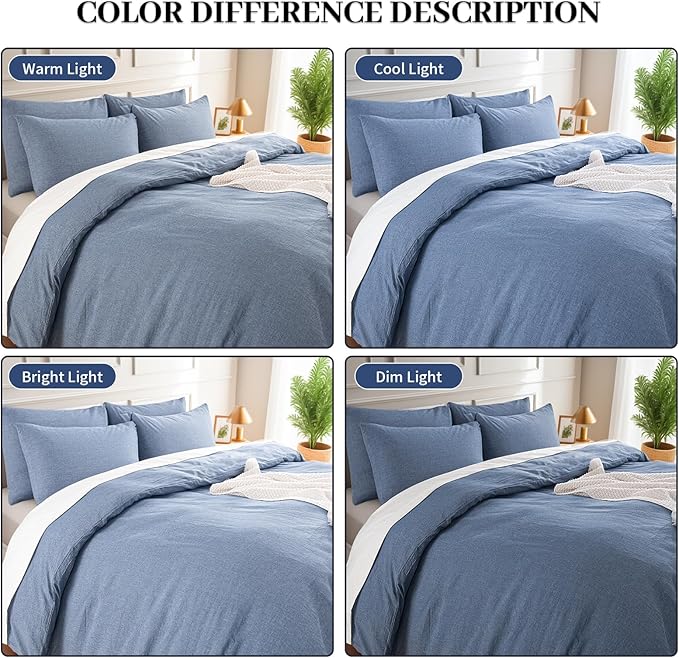 NEXHOME PRO Duvet Cover Full 100% Washed Cotton, Heathered Blue Breathable, Durable, Textured, Linen Like, Home Bedding Set 80"x90"