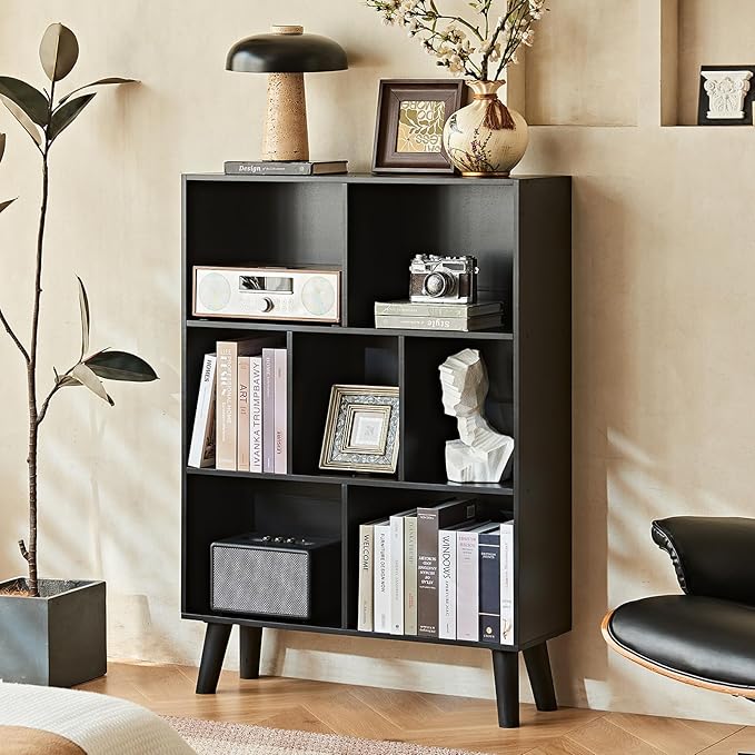 LEYAOYAO 7 Cube Black Bookshelf, 3 Tier Modern Bookcase with Legs, Wood Cubeicals Organizer Storage Open Shelves, Retro Display Book Shelf, Freestanding Short Book case for Bedroom,Living Room,Office