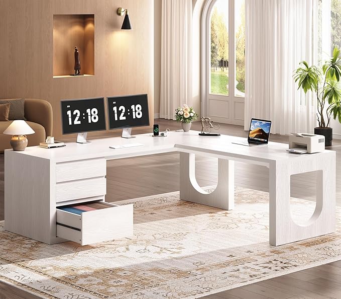 SEDETA Modern L Shaped Desk with 3 Drawers, 63" Executive Office Desk with File Drawer, Wood Corner Computer Desk with U-Shaped Legs & Relief Texture, Home Office Desk with Power Outlet, White