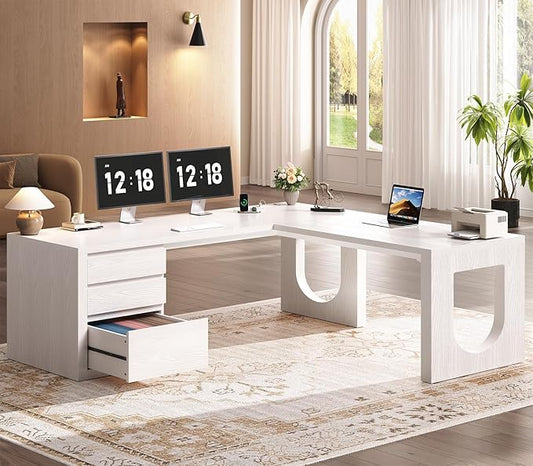 SEDETA Modern L Shaped Desk with 3 Drawers, 63" Executive Office Desk with File Drawer, Wood Corner Computer Desk with U-Shaped Legs & Relief Texture, Home Office Desk with Power Outlet, White