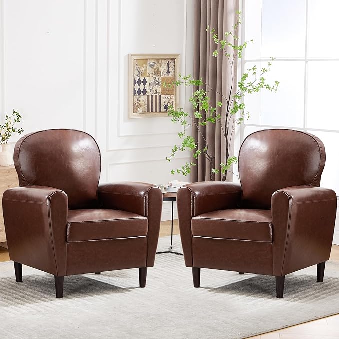 Mid Century Accent Chair, Modern Faux Leather Arm Chair, Comfy Upholstered Reading Chairs Single Sofa Chair for Living Room, Bedroom, Club, Brown