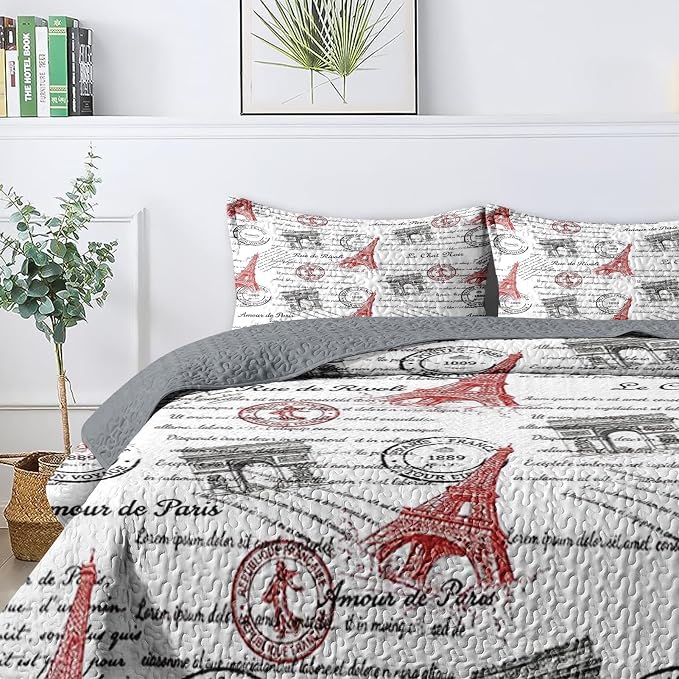 Pamnest Quilt Set King Size, Paris Vintage Eiffel Tower 3 Pcs Soft Bed Cover Bedding Set for Kids and Adults, France Old Iron Lightweight Bedspread Coverlet with Pillow Sham for All Season
