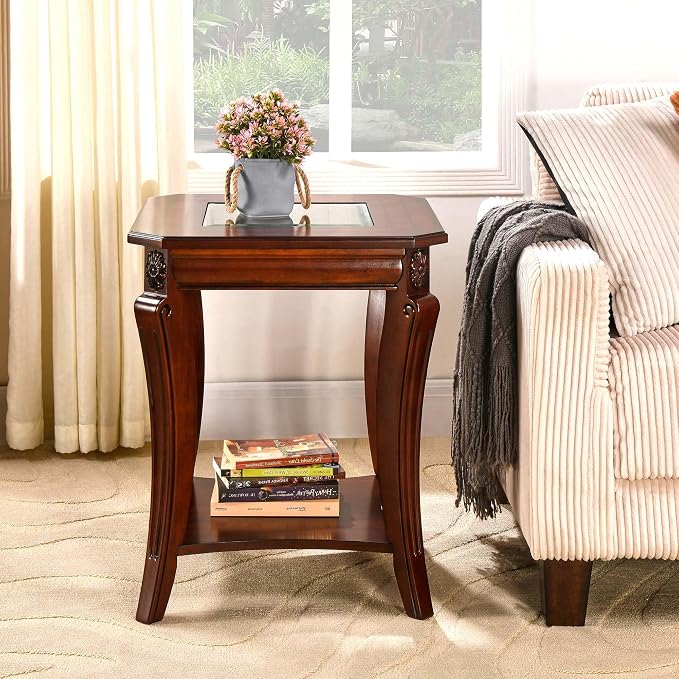 Solid Wood Side Table with Storage Shelf, 2-Tier Square End Tables Living Room, Traditional Style End Table, Vintage Beside Table with Curved Legs and Glass Tabletop, Cherry Walnut Accent Table GT