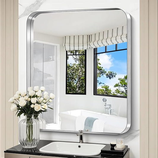 CIRCUMI Silver Bathroom Mirror, 30"x36" Rectangular Mirror with Deep Metal Frame, Rounded Corner, Tempered Glass, Mirror for Wall, Oversink, Bedroom, Installed Vertically/Horizontally, Crystal-Clear