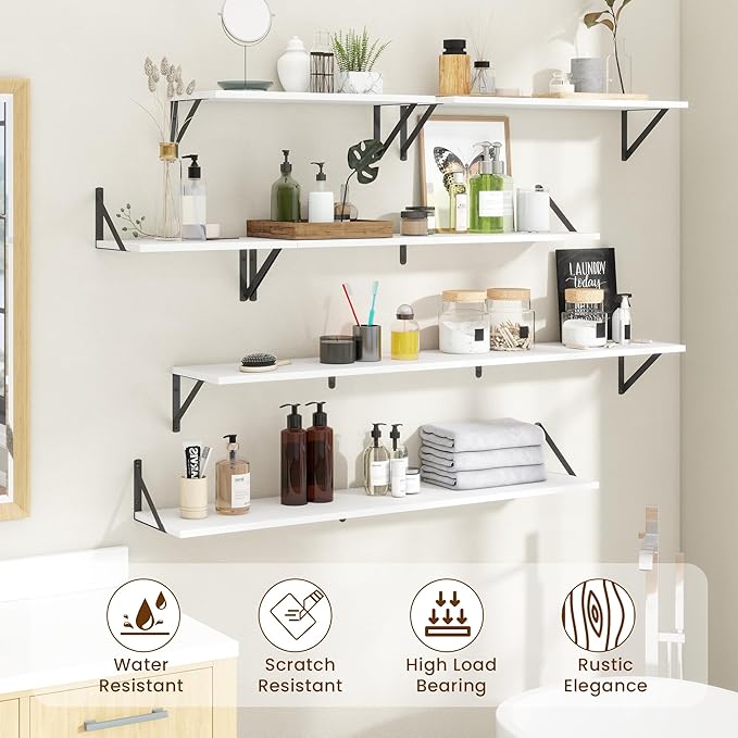 Floating Shelves for Wall Decor,24" Wx8 D Wall Mount Floating Bookshelf Set of 2,Hanging Storage Shelf with Sturdy Metal Brackets,Wooden Shelf for Living Room,Bedroom,Bathroom,White