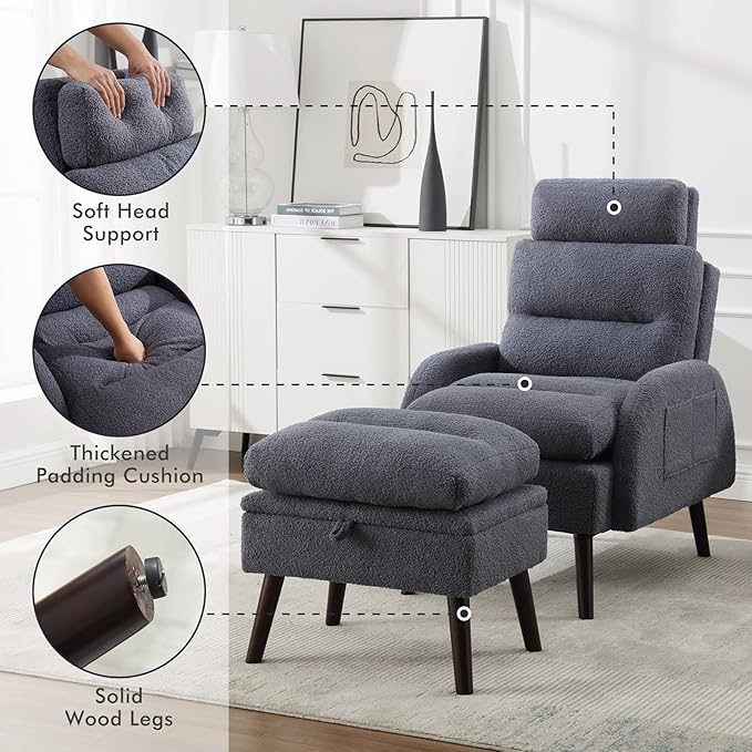 HCHAIRH Accent Chair with Ottoman, Comfy Reading Chair with Ottoman Set, Modern Oversized Velvet Lounge Armchair with Adjustable Backrest for Living Room Bedroom (Teddy Blue Grey)