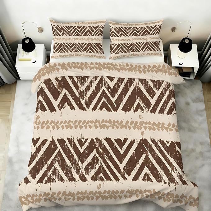 Geometric Aztec Duvet Cover Full Size, Boho Aztec Bedding Set 3 Piece, Bohemian Striped Patterned Comforter Cover with Zipper Soft Microfiber, 2 Pillowcases