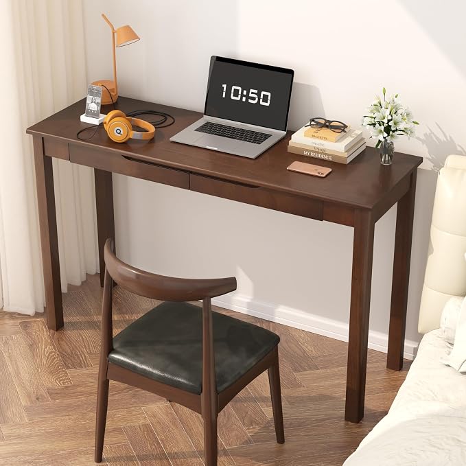 100% Solid Wood Desk with 2 Drawers, 47" Wooden Mid Century Modern Desk, Vintage Writing Desk Computer Table for Home, Office, Bedroom, Living Room