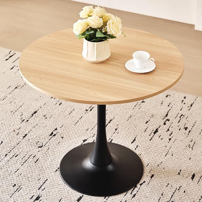 31.5" Round Dining Table for 2-4 Modern Circle Tulip Table with Metal Black Tulip Pedestal Base for Kitchen Dining Living Room Apartment Small Space Cafe, Natural
