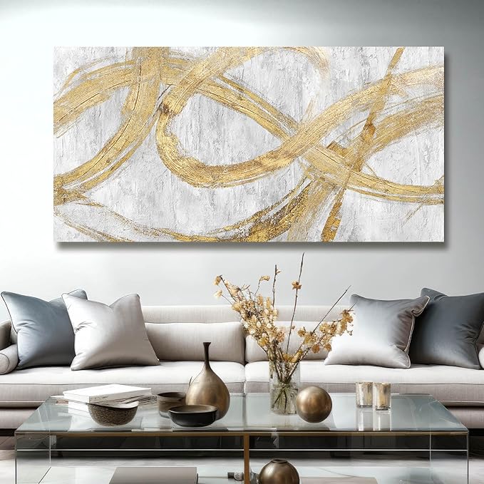 VAYIMDH Decorative Wall Art Line Painting Prints on Canvas White Living Room Wall Decor 24"x 48" Abstract Artwork Gold Picture Wall Decor for Bedroom