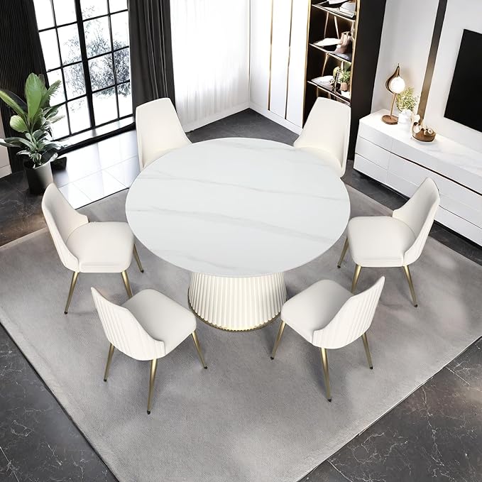 Leavader Modern Round Dining Table Set- 53" Sintered Stone Dining Table with Cream White Cylindrical Base, 7-Piece Marble Round Dining Room Set for Kitchen, Restaurant