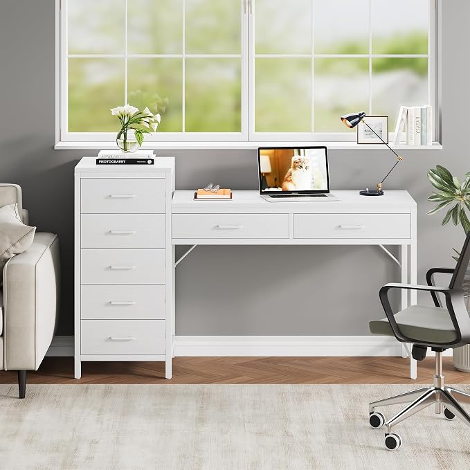 Computer Desk with Reversible Drawer, 55 inch Home Office Desks with 7 Drawers, Modern Compact Study Writing Table Workstation with Storage for Small Spaces, All White