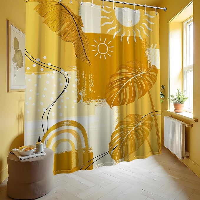 Extra Tall Shower Curtain XL Mustard Mid Century Modern, 70 x 96 in | for Extra Long 96 Inchs Shower, Yellow Abstract Pattern Design, Large Bathroom Decor Sets Waterproof Cloth Fabric, with Hooks