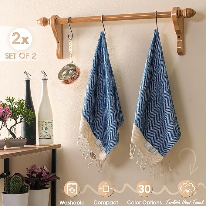 Hand Towels - Set of 2 | 18" x 30" - Decorative Turkish Hand Towel for Bathroom, Kitchen, Guest, Face, Hair, Tea, Dishcloth (Herringbone, Oil Blue)