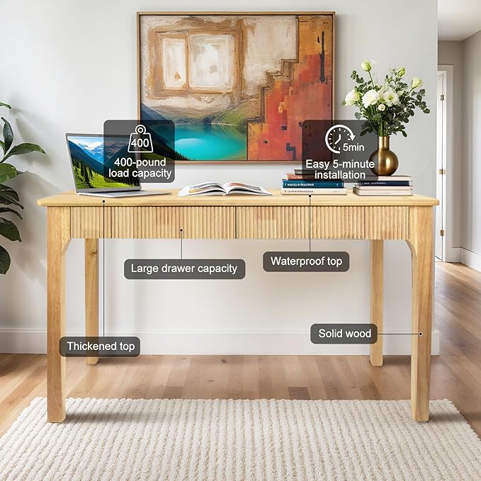 39.4'' Solid Wood Desk with 2 Drawers, Small Mid Century Modern Home Writing Office Wooden Desk ,Vintage Computer Table with Storage for Living Room, Bedroom, Fluted Design (Natural, 39.4 Inch)