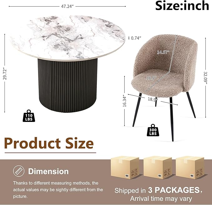 47" Round Wooden Kitchen Dining Table Set for 4, Industrial Breakfast Nook Table Set with Brown Sherpa Barrel Dining Accent Side Chairs for Dining Hall, Two-Part Tabletop, White Marble Look