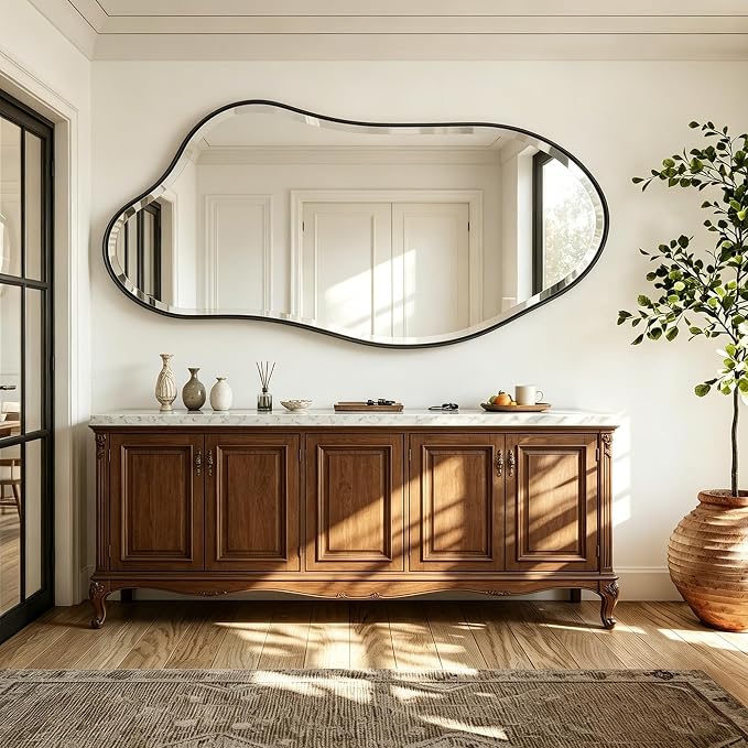 POZINO Large Irregular Beveled Mirror, 63"x31.5" Organic Full Length Mirror with Black Metal Frame, Asymmetrical Wall Mirrors for Entryway Hallway Cloakroom Living Room, Horizontal/Vertical Hanging