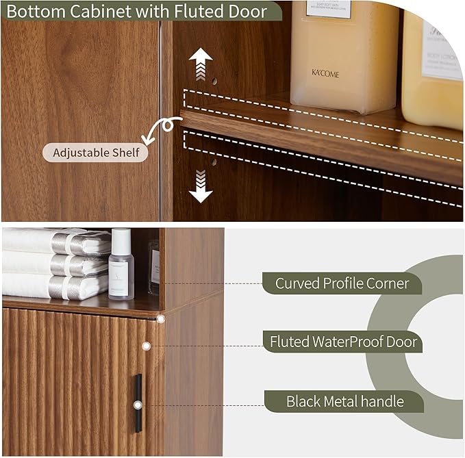 68" Tall Bathroom Storage Cabinet,Narrow Fluted Tower Cabinet with Door and Shelves,Slim Space Saving Storage Unit for Bathroom Kitchen Living Room (Walnut, 11.8" D x 15.75" W x 68" H)