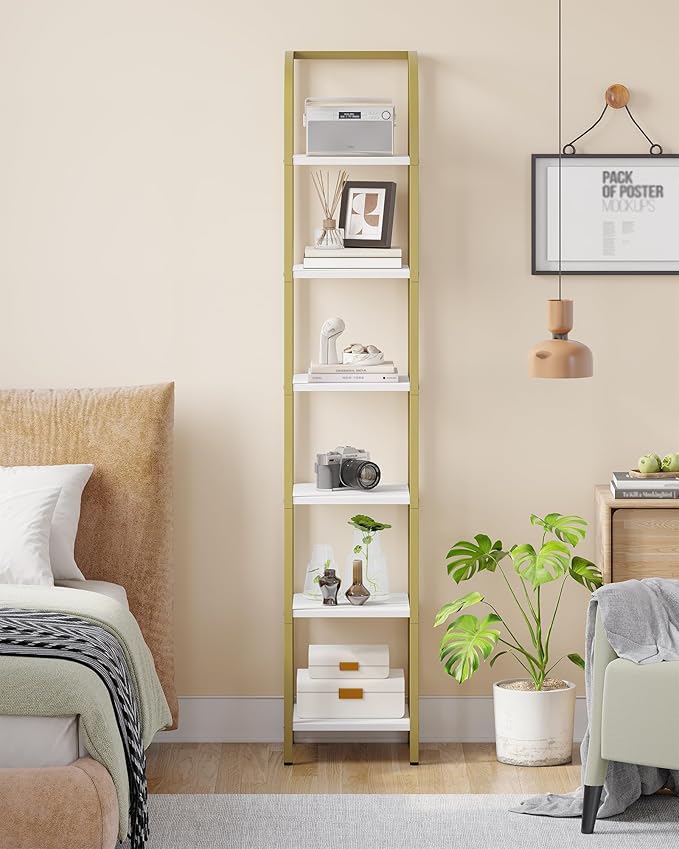 Hzuaneri Bookshelf Bookcase Narrow Bookcase Shelf Organizer with Steel Frame for Study Living Room Bedroom Kitchen Home Office Industrial Bookshelf 6-Tier White Gold BC56013A