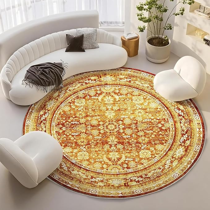 OPPODREAM Vintage Orange Round Rug 8ft, 8 ft Retro Washable Circle Rug Non Slip, Low-Pile Faux Wool Circular Carpet, Distressed Floor Mat for Living Room, Bedroom, Office, Dorm, Dinning Room