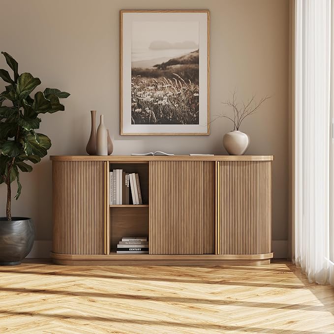 BELLEZE Turin 67" Modern Curved Sideboard with Sliding Tambour Doors - Fluted Wood Buffet Cabinet & Credenza - Oval Media Console with Gold Accents for Dining Room, Living Room, or Entryway (Camel)