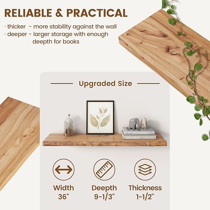 Reclaimed Elm Wood Floating Shelves for Wall, Live Edge 36" W x 9.2" D x 1.4" H, Set of 2 Invisible Wall Mounted Shelves for Living Room Bedroom Kitchen Bathroom Decor, Natural Finish