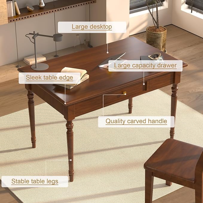 Solid Wood French Country Desk,Writing Desk with Storage Drawers,Farmhouse Computer Table Makeup Table Modern Simple Style,for Home Office Living Room Study Workspace Bedroom (Walnut, 31.5IN)