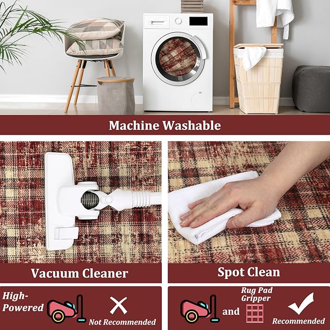 Washable Rugs 2x10 Runner Rug Modern Plaid Bathroom Rugs Non Slip Kitchen Runner Low Pile Entryway Rug Soft Runners Stain Resistant Carpet for Laundry Hallway Bedside 2'x10' Red