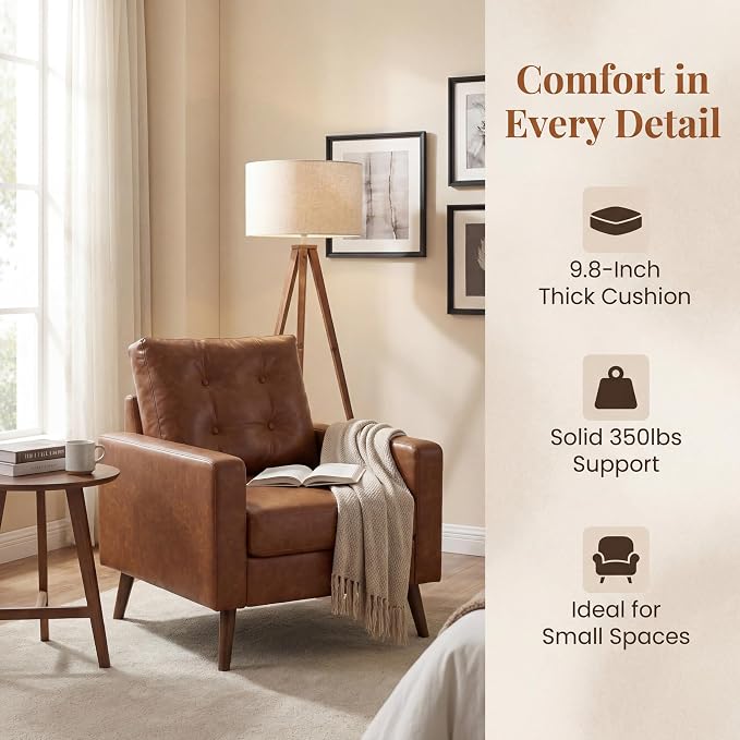 HNY Mid Century Modern Armchair, Button Tufted Faux Leather Accent Chair with Armrests, Upholstered Club Chair for Living Room, Bedroom & Office, Caramel Brown
