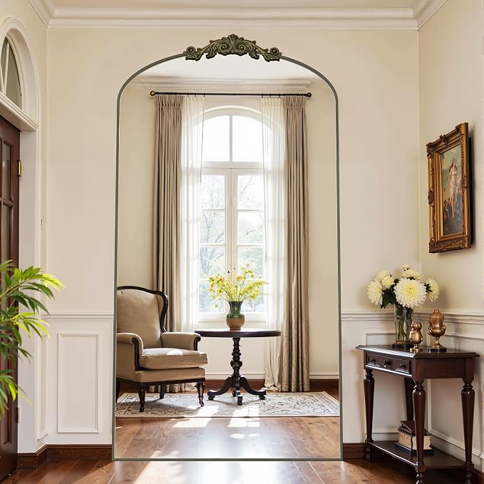 Antok Arched Full Length Mirror, 82"x44" Floor Mirror with Carved, Full Body Mirrors for HomeDecor, Standing/Halling Large Wall Mirror for Bedroom, Living Room, Cloakroom, Bronze, Retro Style