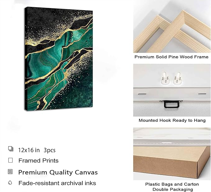 WSTUKVV 3Pcs Green and Gold Wall Art Abstrct Gold Foil Lines Posters Pictures Marble Texture Canvas Prints Dark Green Paintings for Nordic Living Room Bedroom Office Home Wall Decor Ready to Hang