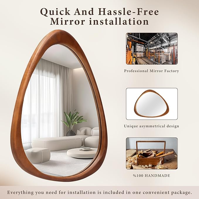24''x19'' Asymmetrical Mirror with Wood Frame, Small Irregular Wall Odd Shaped Mirror Mid Century Modern Decor for Bedroom Living Room Entryway Hall