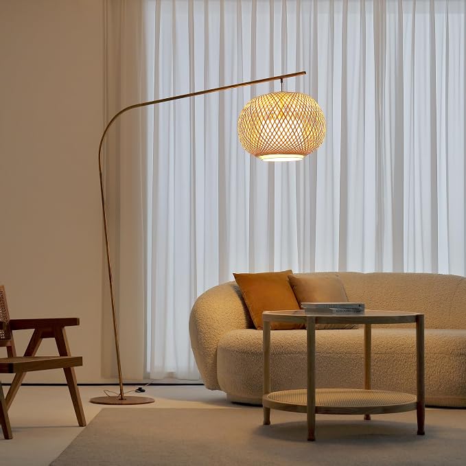 FOS - Modern Bohemian Chic Arch Floor Lamp with Woven Bamboo + Linen Shade - Brushed Brass Finish, Ambient Home Lighting in Living Room, Bedroom, Study, Nursery