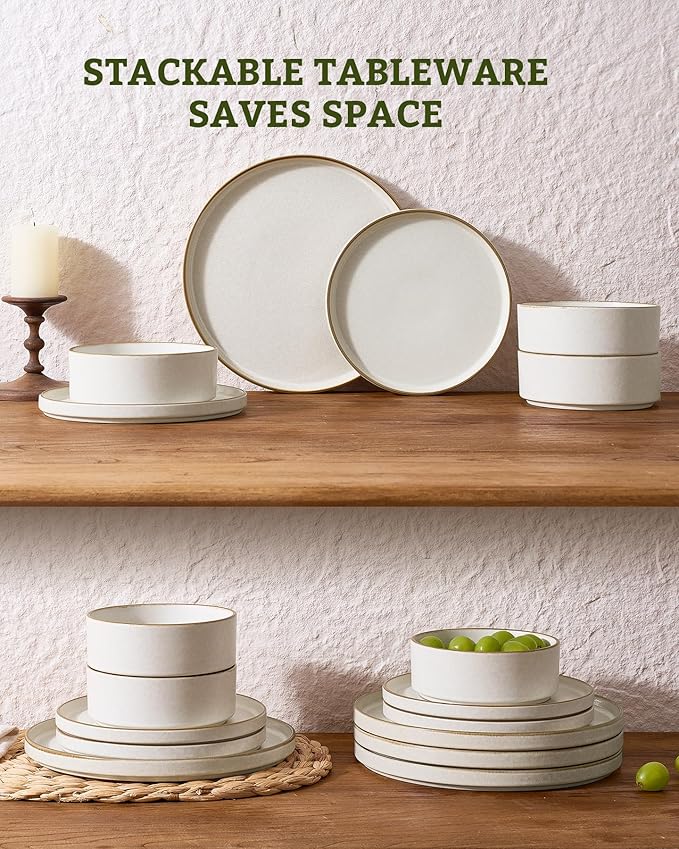 Famiware Nebula Plates and Bowls Sets, 18 Pieces Stoneware Dinnerware Sets, Reactive Glaze Dish Set, Dishes Set for 6, Matte Beige White with Brown Rim