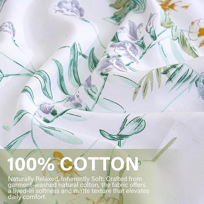 100% Cotton Duvet Cover Set Queen Size Vintage Chic Style Green Floral Duvet Cover Lightweight Floral Bedding Set with Zipper Closure for All Season, Exquisite, Ultra Soft