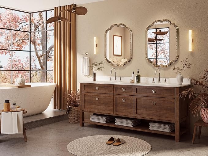 Scalloped Wall Mirror, 22" x 30" Gold Oval Mirror Beaded Frame Decorative, Antique Gold Mirrors Wooden Large Flower Mirrors for Over Sink, Bathroom, Bedroom, Living Room, Fireplace, Entryway