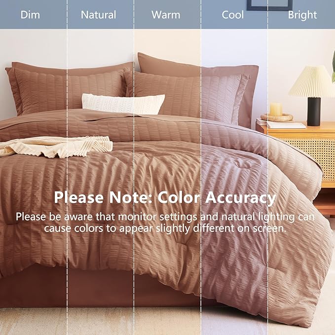 CozyLux Queen Comforter Set Mocha Mousse, 7 Pieces Seersucker Textured Luxury Bed in a Bag Queen, All Seasons Soft Bedding Sets with Down Alternative Comforter, Sheets, Pillowcases & Shams, Home Gift