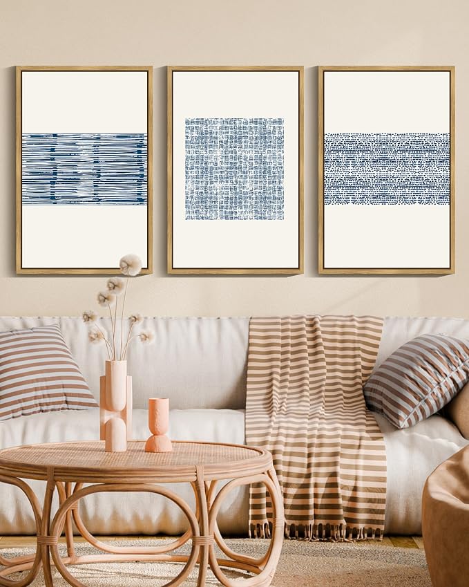 PHOPAGO 16x24in Large Blue Abstract Framed Wall Art Modern Boho Neutral Line Wall Decor Minimalist Geometric Artwork Bedroom Living Room Natural Framed