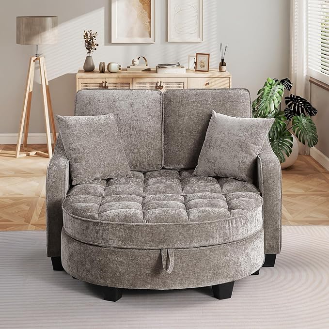 Oversized Chaise Lounge Chair Indoor with Ottoman, Chenille Tufted Comfy Loveseat Sofa Chair with Adjustable Backrest, Fluffy Recliner Sofa, Convertible Couch Sleeper Bed for Living Room(51"W, Brown)