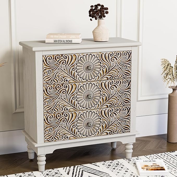 HOMPUS Nightstands Set of 2, White Nightstand with 3 Storage Drawers, Night Stand w Flower Pattern, Bedside Table Set of 2, Accent Table for Bedroom, Apartment, Light Grey Grain