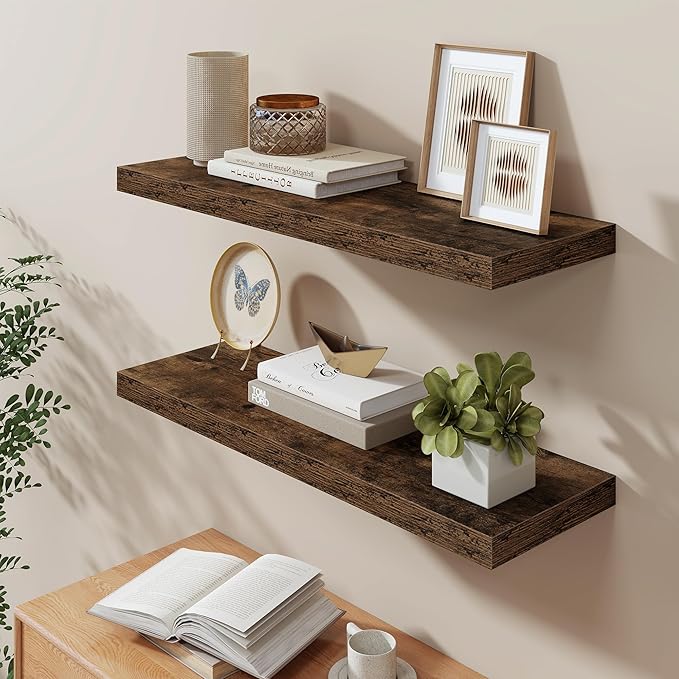 36"W x 9.3"D Floating Shelves for Wall, Wall Mounted Bathroom Shelves 2 Pack Deep Floating Shelf for Bedroom Kitchen Living Room, Rustic Wooden Wall Shelf with Invisible Bracket for Books Decor