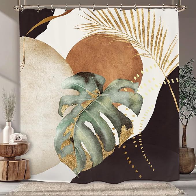 Yookeb Abstract Mid Century Bathroom Shower Curtain 60W by 71H Inch Modern Plant Neutral Minimalist Brown Leaves Aesthetic Polyester Fabric 12 Plastic Hooks Waterproof Decor