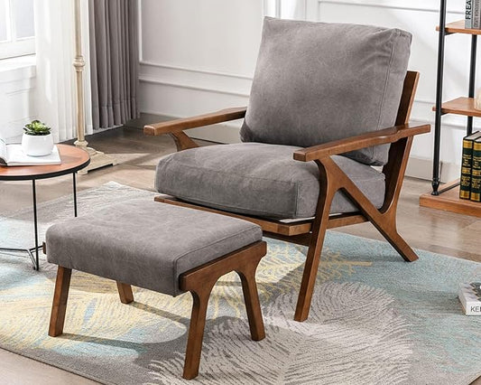 Mid Century Modern Accent Chair with ottoman, Farmhouse Linen Upholstered Living Room Armchair and Ottoman Set, 23" Seat Wide Retro Leisure Lounge Chair with Wood Frame for Home, Bedroom, Office, Grey