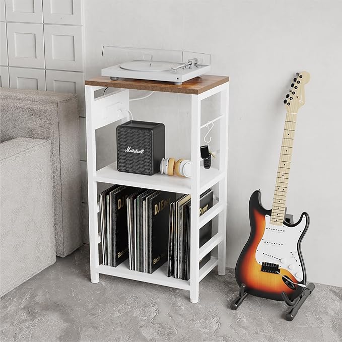 YAKANJ End Table with LED Light,Record Player Stand with Charging Station,Vinyl Records Storage,Turntable Stand Albums Storage for Music Room Studio-Industry White