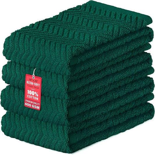 DecorRack 4 Pack Kitchen Towels, 100% Cotton Dish Towels, 15 x 25 Inch Absorbent Kitchen Towels for Drying Dishes, Hand Towels, Kitchen Cleaning Cloths, Dark Green (Set of 4)