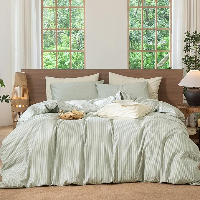 MooMee Striped Duvet Cover Set 100% Washed Cotton Linen Like Textured Breathable Durable Soft Comfy (Sage Green White Pinstripes, Cal King 104"x98")