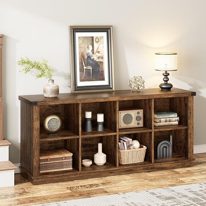 GarveeHome 8 Cube Storage Organizer Bookshelf, 3 Tier Farmhouse Horizontal Bookcase, 62 in Wood Storage Bookcase for Entryway, Long Low Bookshelves for Living Room-Retro Brown