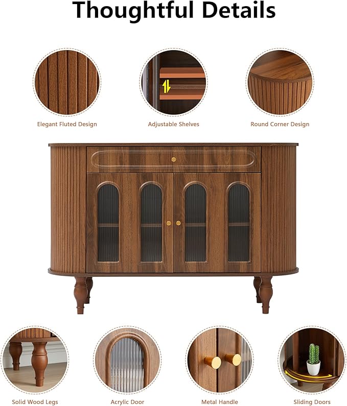 XUZENEST 47'' Fluted Sideboard Buffer Cabinet with Drawer, Modern Credenza Storage Cabinet, Bar Cabinet Console Table with Tambour Sliding Side for Living Dining Room Kitchen Hallway Entryway, Walnut