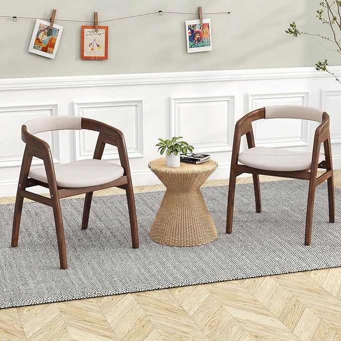 GOFLAME Bamboo Accent Chair Set of 2, Mid-Century Modern Armchair with Curved Backrest & Seat Cushion, Upholstered Reading Chair, Leisure Chair for Living Room, Bedroom, Study, Walnut